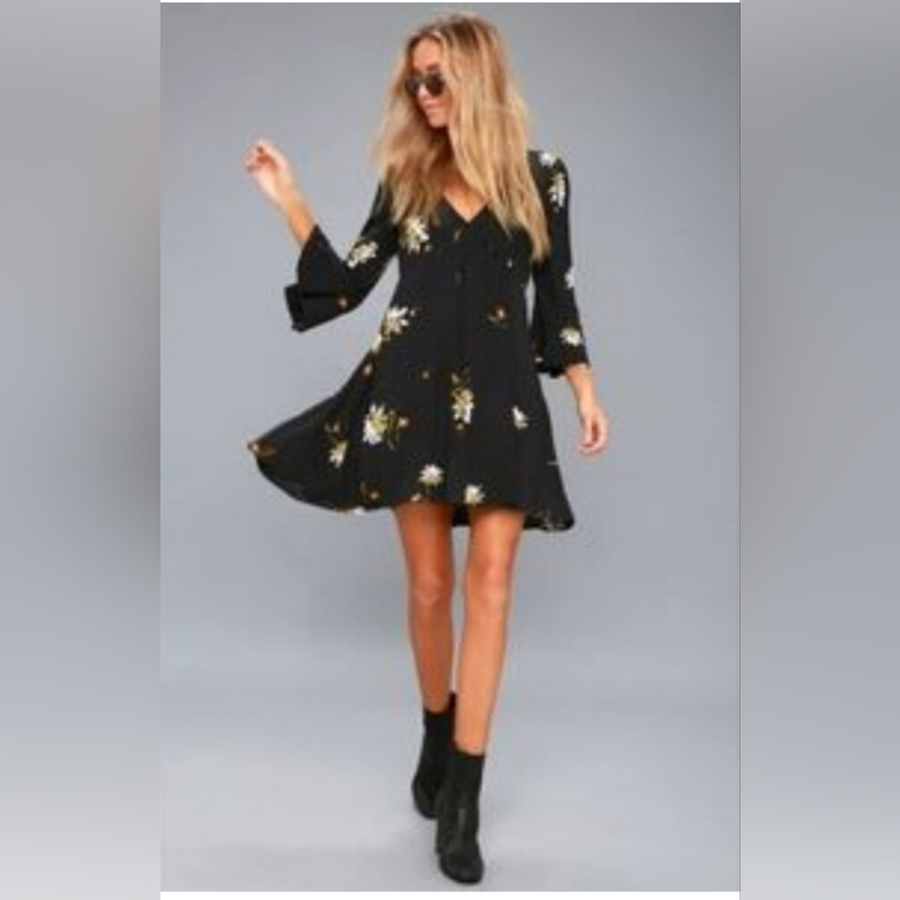 Free People Time On My Side Boho Black Long Wrap Mini Dress with Floral Accents